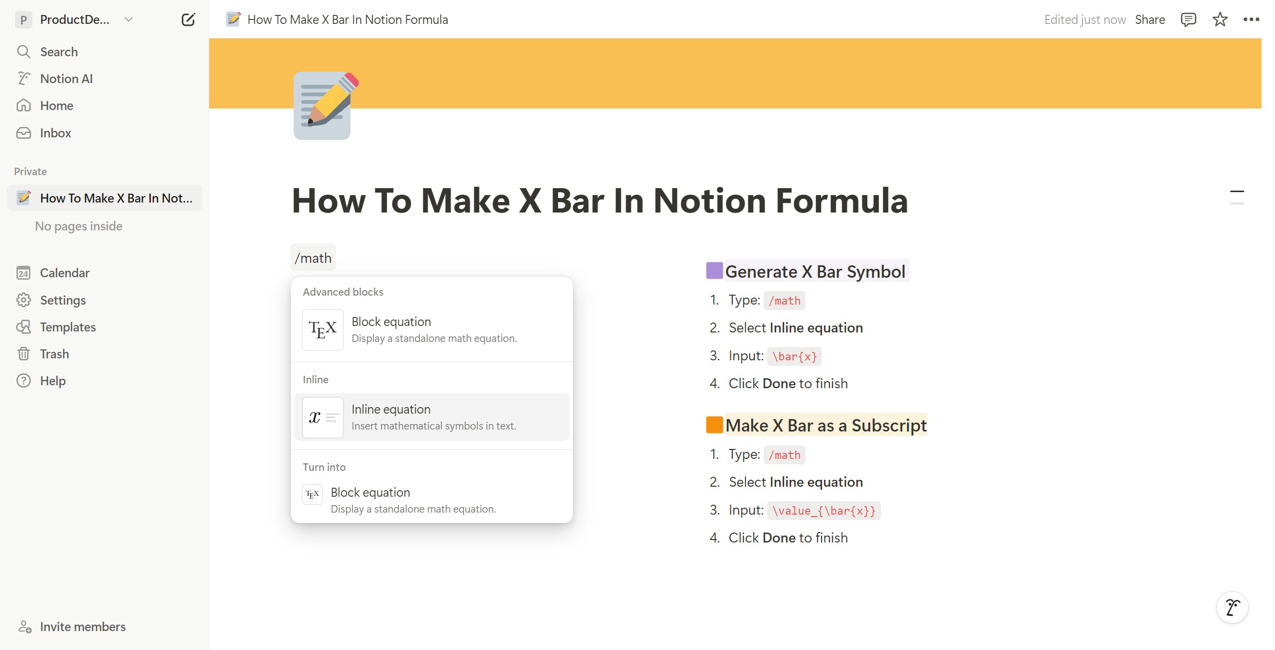 <p>To use the x bar as a subscript, select this as well.</p>